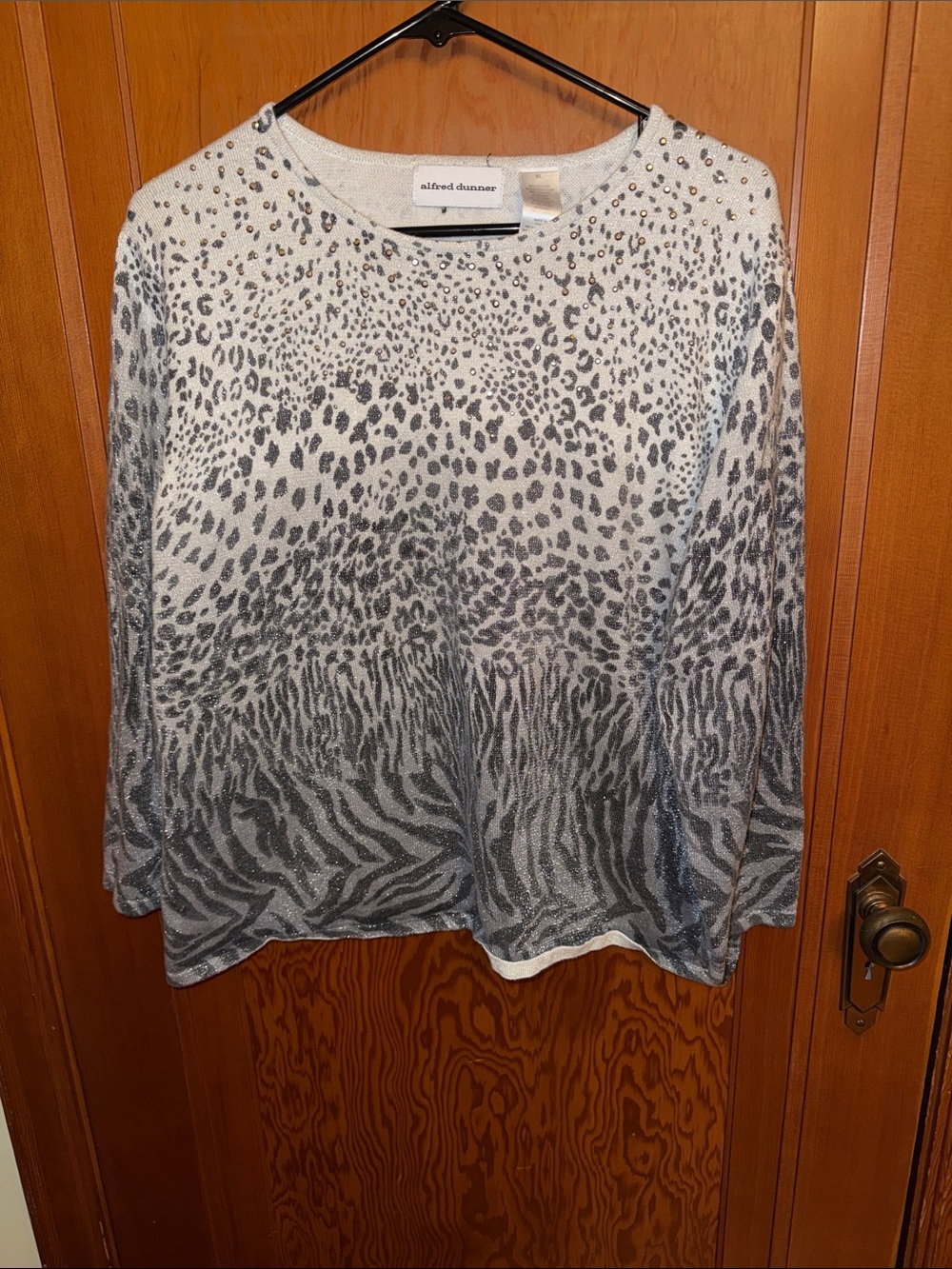 Alfred Dunner Gray Animal Print Pullover Sweater